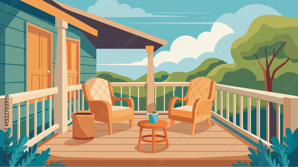 Fototapeta premium A porch with a ramp and large sy chairs for relaxing and enjoying the outdoors.. Vector illustration