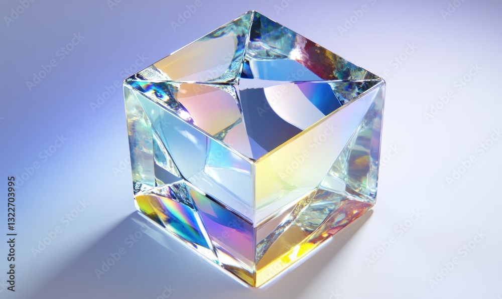Iridescent glass cube reflecting light. Iridescent glass cube reflecting light.