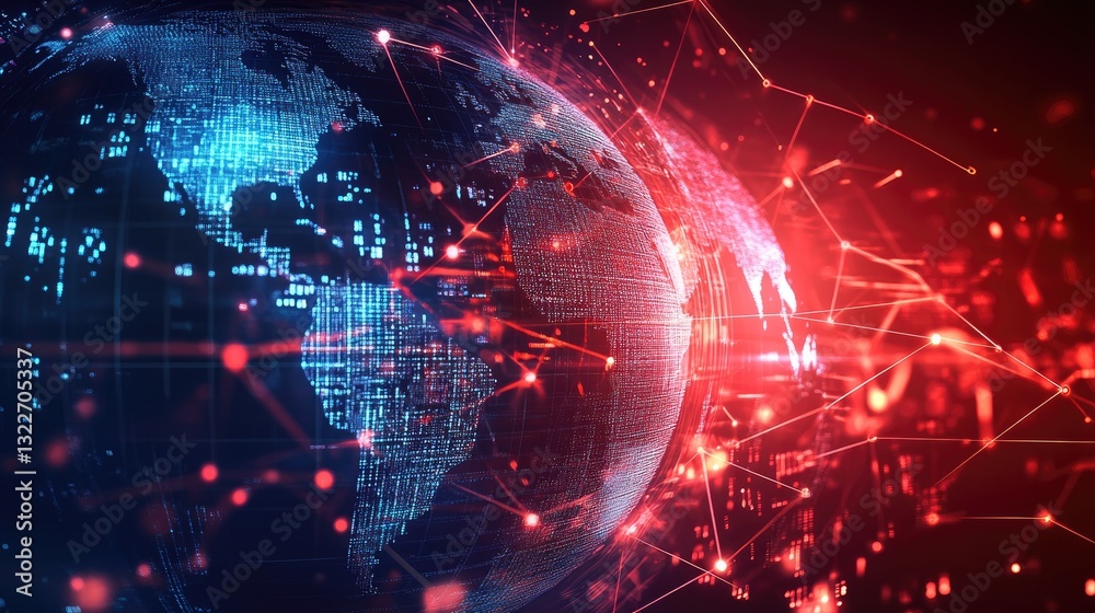 Obraz premium Futuristic economic network with financial data points connecting global trade markets and currency symbols.