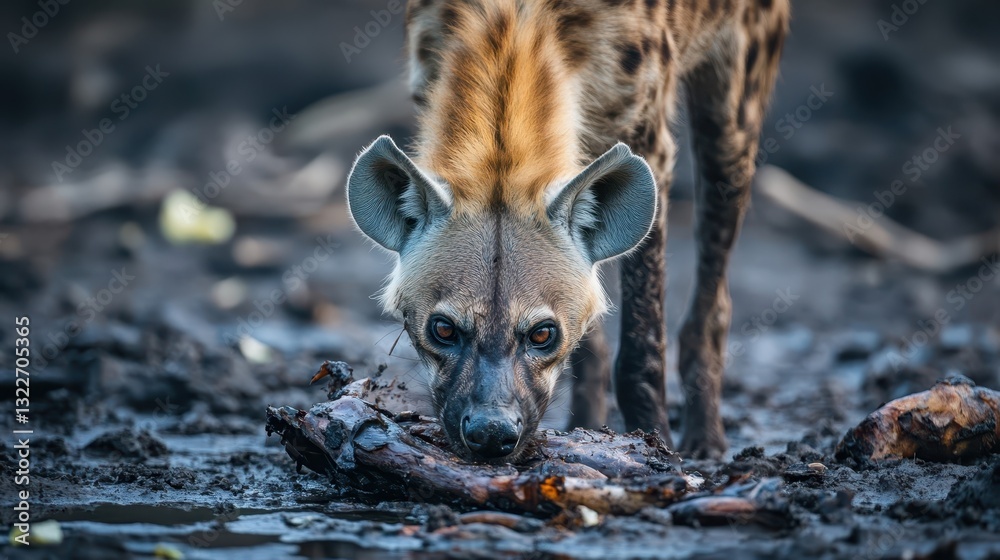 Obraz premium A hyena intently focused on eating its prey on the muddy ground