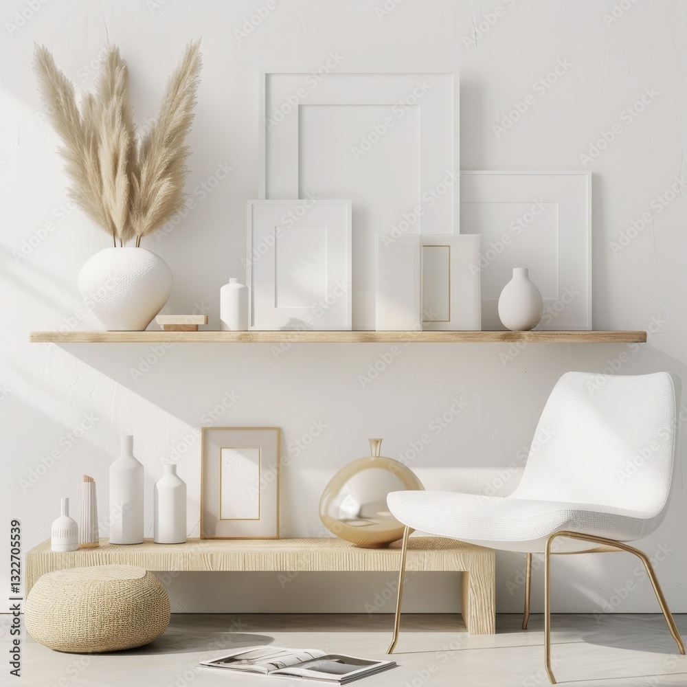 Obraz premium Minimalist living room with white chair. wooden shelves and pampas grass in vase