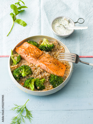 Healthy salmon and broccoli detox Poke bowl with buckwheat pilaf