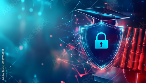 Secure Learning: A digital shield, complete with a padlock, safeguards an academic cap over a book, symbolizing safe and protected learning in the digital sphere.