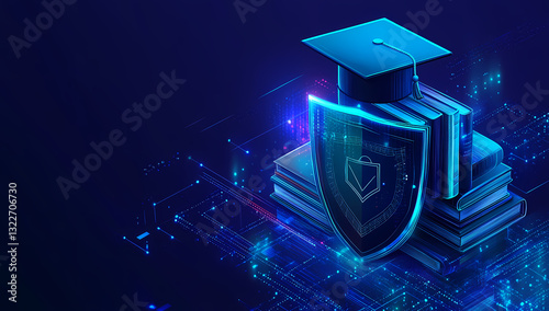 Knowledge Shield: A conceptual image of a graduation cap atop a stack of books, protected by a glowing shield, representing academic safety and the safeguarding of education in a futuristic setting. 