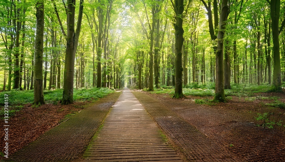 Walkway enveloped in a lush Spring Beech Forest Tunnel in Leuven, Belgium A serene and verdant pathway bathed in green, offering a tranquil escape into the heart of natures cathedral at dusk.