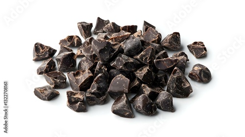 Pile of dark chocolate chunks isolated on white background