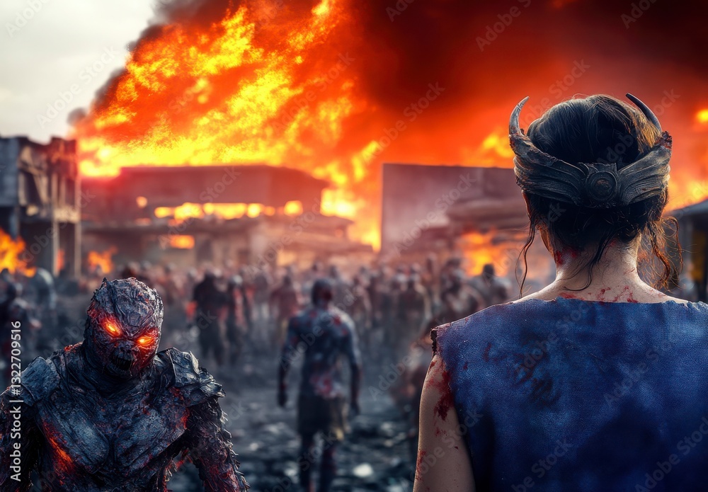 Fototapeta premium Dark Fantasy Scene with Fiery Background and Eerie Creature Presence