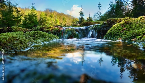 Dewy Morning Delight A Vibrant CloseUp of a Forest Stream, Showcasing Natures Textured Beauty and the First Rays of Light Breaking Through the Canopy.