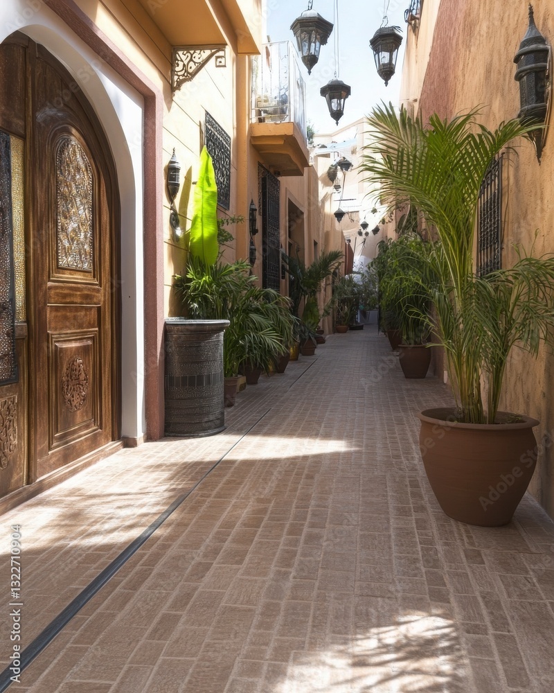 Naklejka premium Serene Moroccan Alleyway with Lush Greenery and Architectural Detail