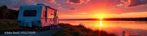 Sunset over Mississippi River, Thomson Causeway, travel trailer parked, road trip, evening