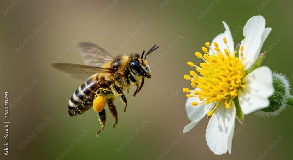 Macro shot of a honeybee in flight collecting pollen from a white and yellow flower, highlighting pollination and biodiversity Macro shot of a honeybee in flight collecting pollen from a white and yellow flower, highlighting pollination and biodiversity