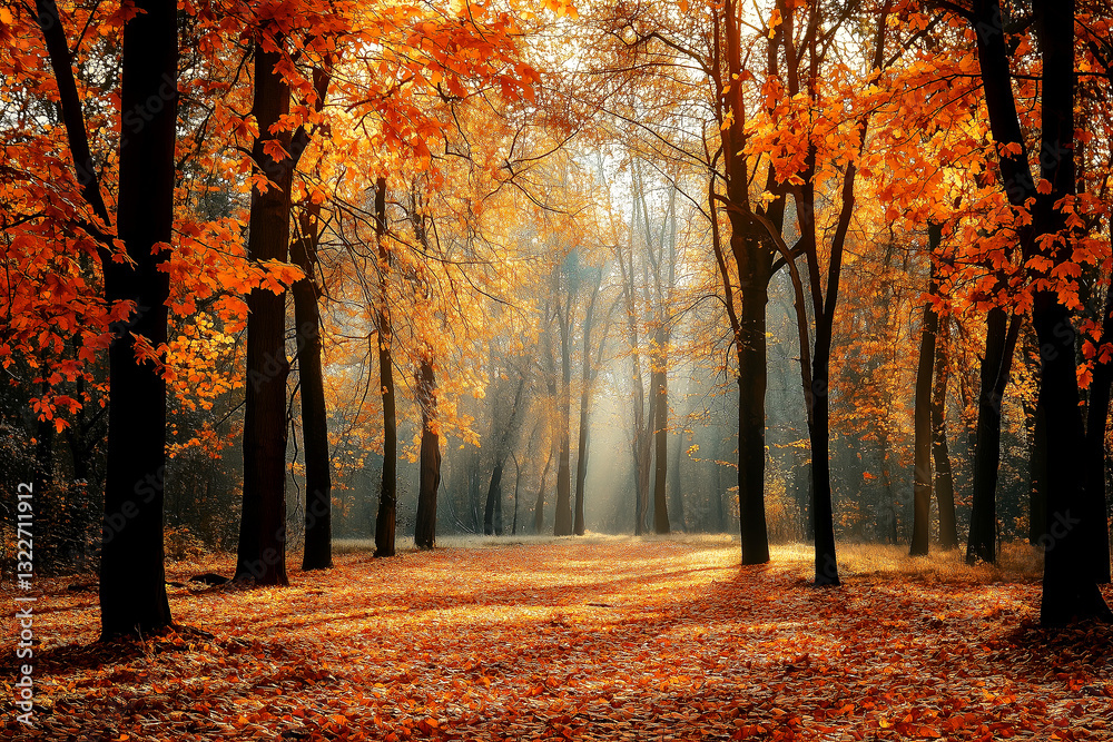 A Serene Autumn Landscape Featuring a Canopy of Trees with Vibrant Orange for A Serene Autumn Landscape Featuring a Canopy of Trees with Vibrant Orange for