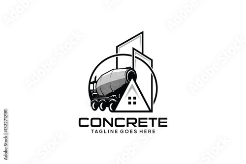 Vector concrete mixer truck logo design with house and building illustration symbol