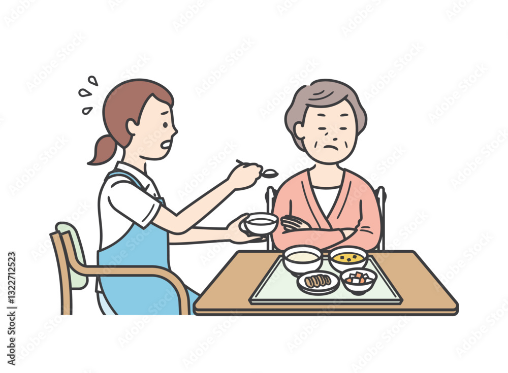 食事介助をする介護士と拒否をする高齢女性のイラスト