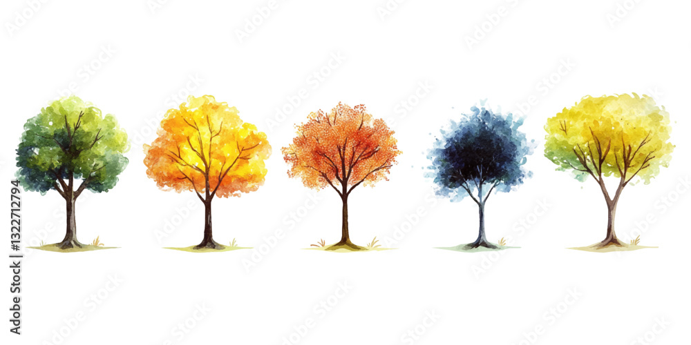 Fototapeta premium Watercolor vector illustration of trees in different seasons on a white background