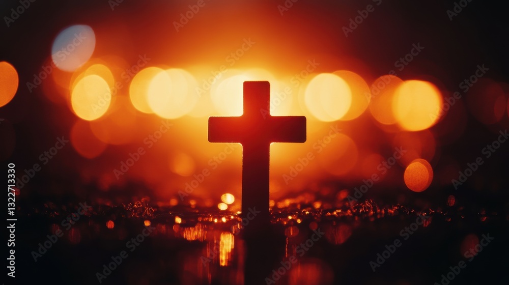 Silhouette of a cross against a warm, bokeh background. A symbol of faith and hope. Silhouette of a cross against a warm, bokeh background. A symbol of faith and hope.
