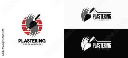Brick wall plastering logo vector design template with trowel silhouette symbol