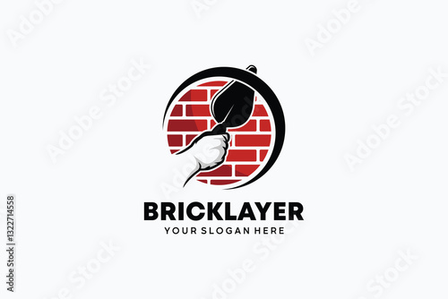 Vector illustration of hand holding trowel with brick symbol for bricklayer logo template