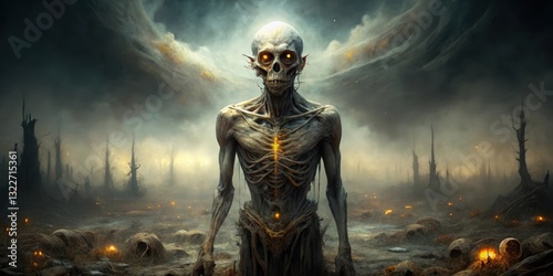 A spectral being, gaunt and skeletal, stands amidst a desolate, fog-shrouded landscape, illuminated by eerie, glowing embers scattered across the barren ground.