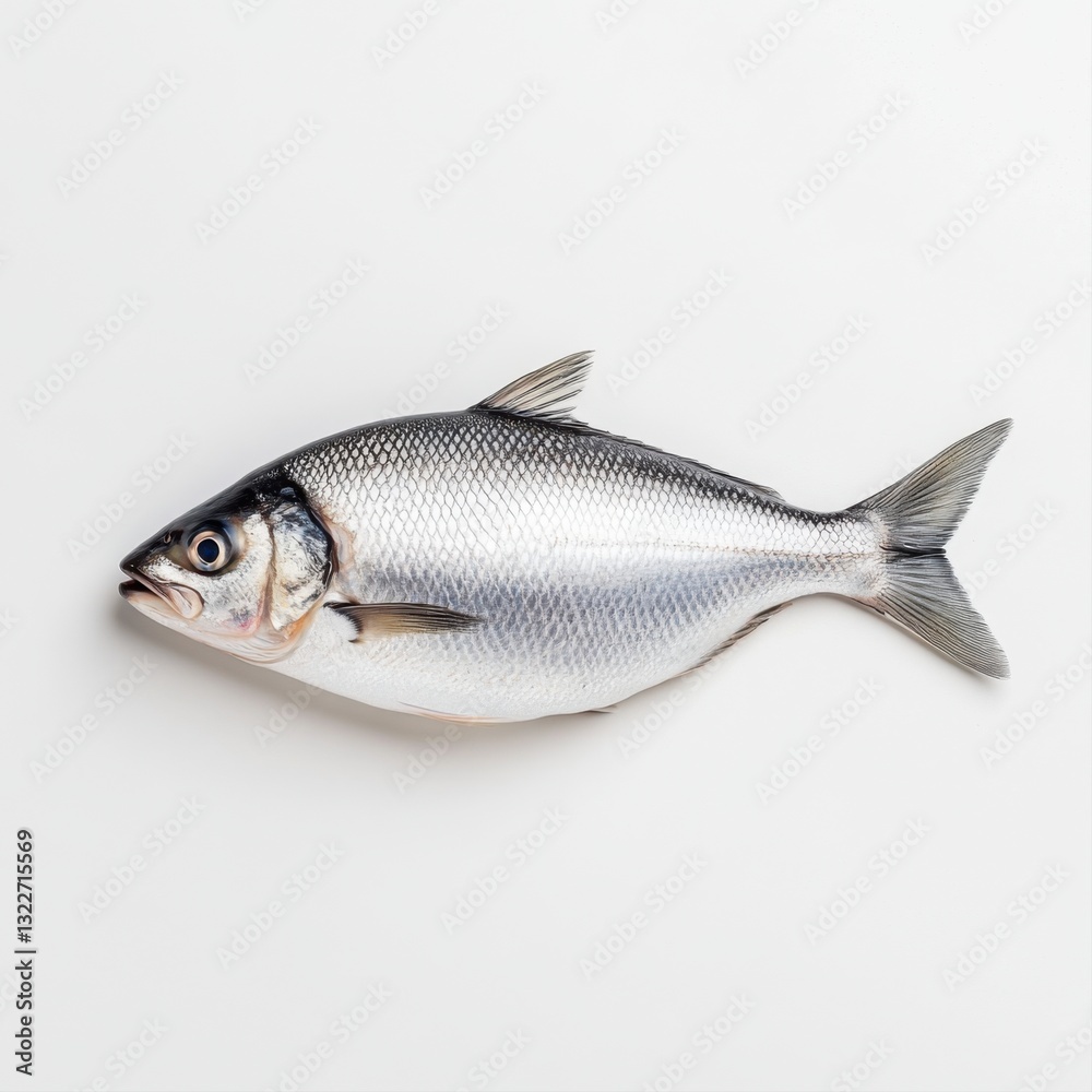 Fototapeta premium Fresh Silver Fish on White Surface Ideal for Culinary and Seafood Illustration