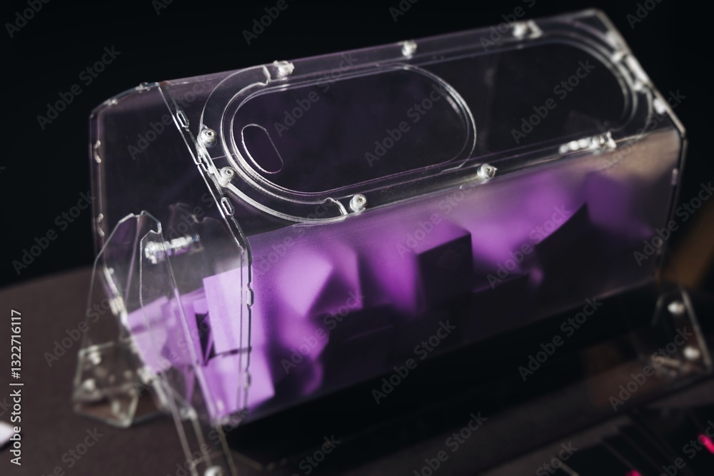 Process of prize drawings, extracting a winning numbers of lottery machine, raffle drum with a bingo balls, bingo machine and purple violet winning tickets on event, hands on lottery machine