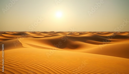 Golden Desert Landscape at Sunset with Sand Dunes and Warm Sunlight