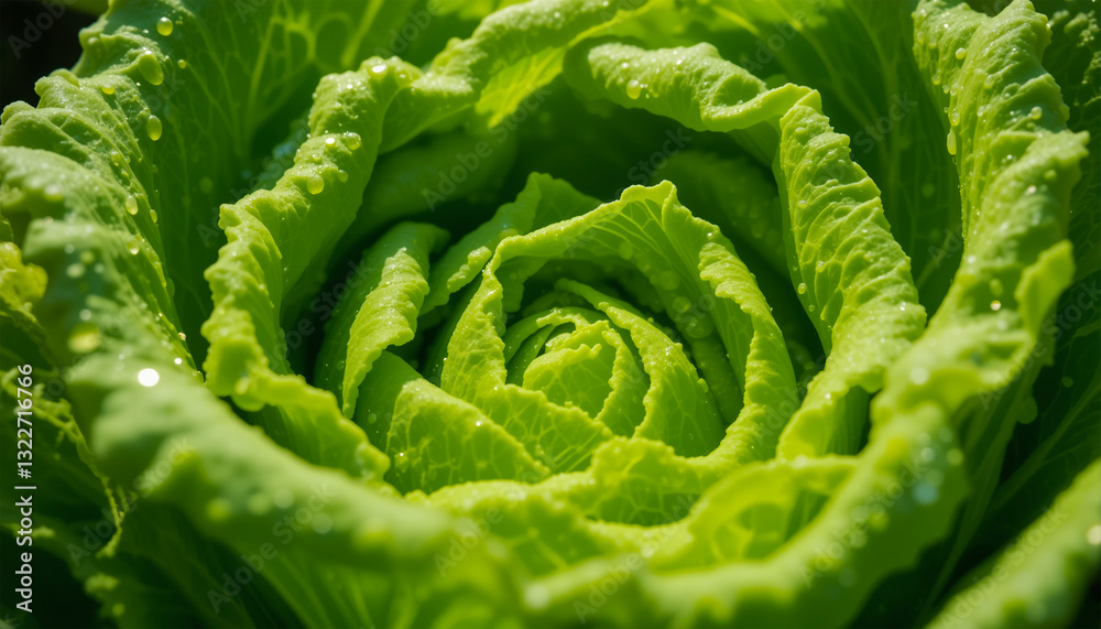 Fototapeta premium Fresh Green Lettuce Leaves with Dew Under Gentle Sunlight – Organic & Vibrant.