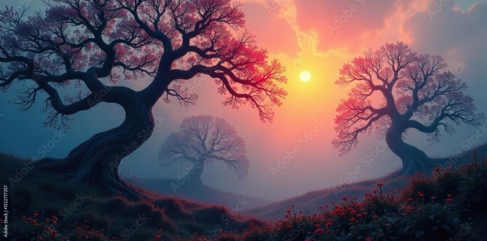 Twisted branches reach from chilling fog, sun barely visible, branches, picture Twisted branches reach from chilling fog, sun barely visible, branches, picture