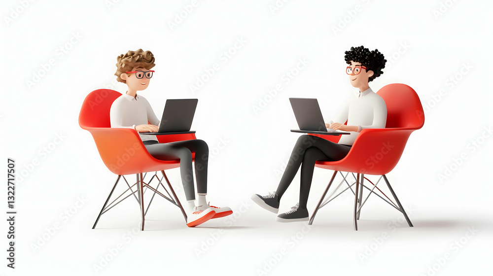 Fototapeta premium Teamwork in 3D: Man and Woman Collaborating on a Laptop