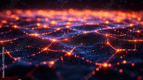 Visual representation features a network of glowing particles representing qubits in a quantum computing framework. The design illustrates superposition and entanglement in a dynamic circuit setting. photo