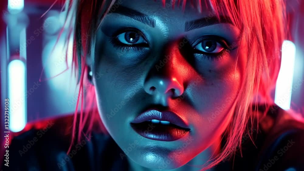 Portrait of a woman with striking features under colorful lights in an artistic setting Portrait of a woman with striking features under colorful lights in an artistic setting