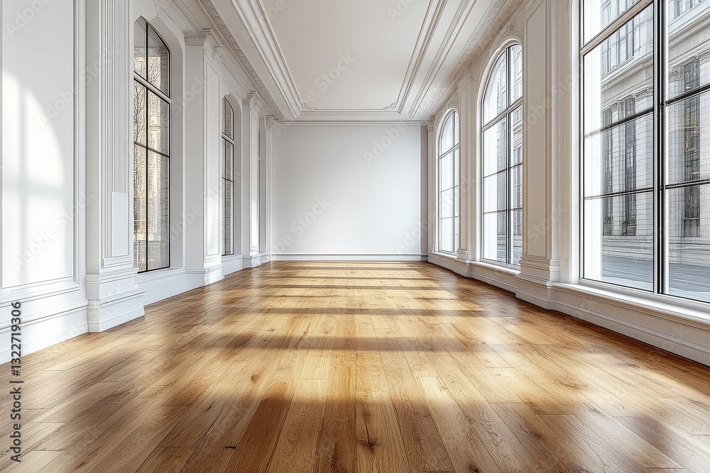 Obraz premium A large, empty white wall in a modern office with a wood floor and a large window, captured in high resolution.