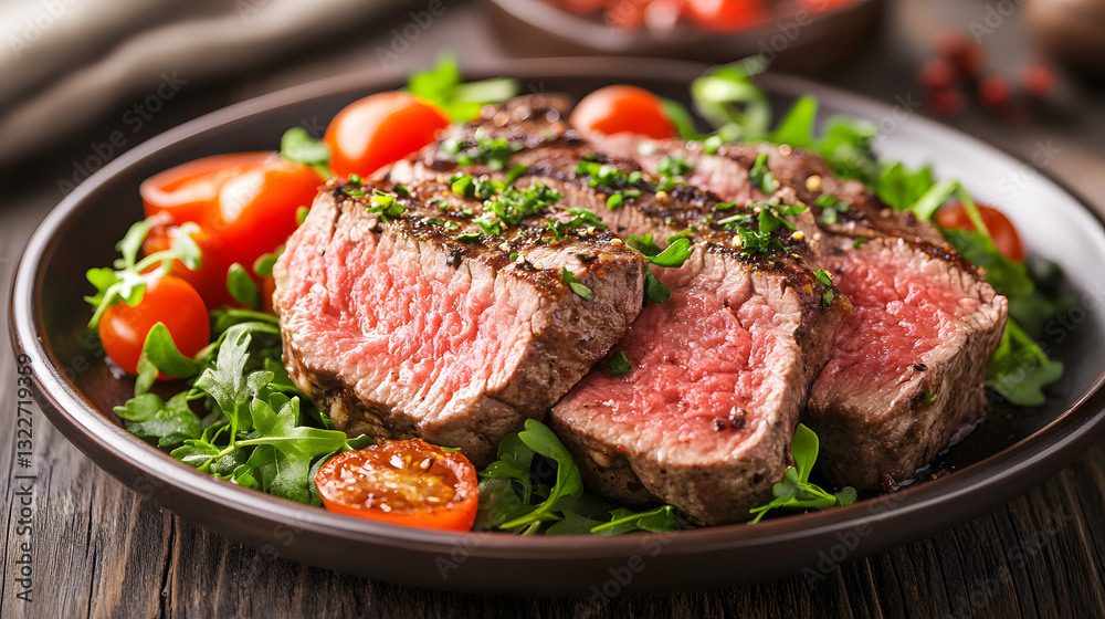 Juicy grilled steak slices on bed of fresh greens and cherry tomatoes, garnished with herbs, served on rustic wooden table Juicy grilled steak slices on bed of fresh greens and cherry tomatoes, garnished with herbs, served on rustic wooden table
