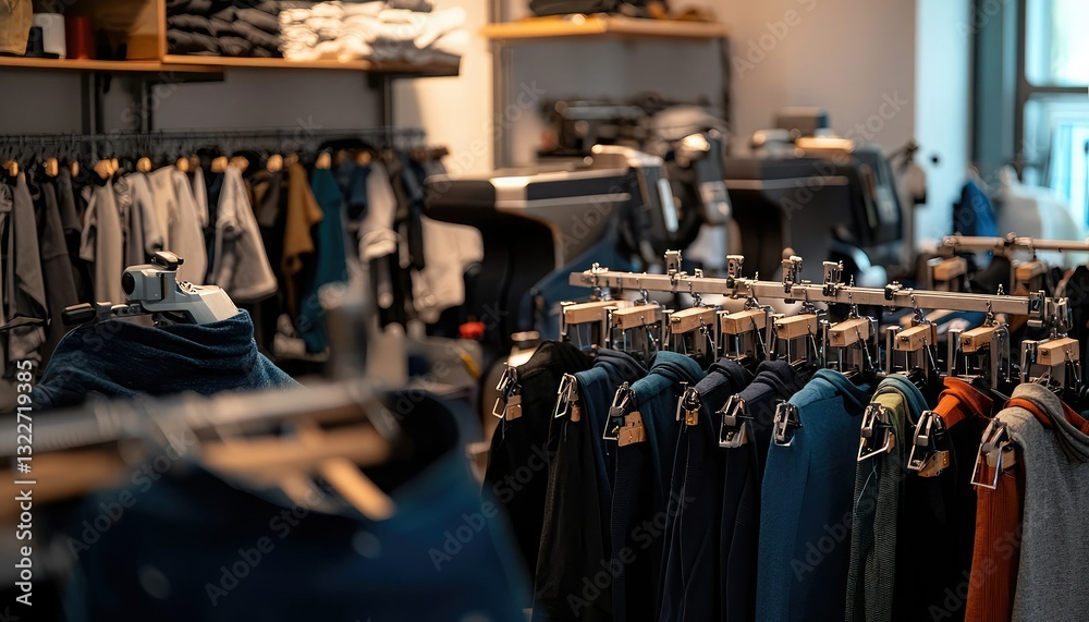 Obraz premium A clothing store interior showcasing various garments neatly arranged on racks and shelves, creating a stylish shopping atmosphere.
