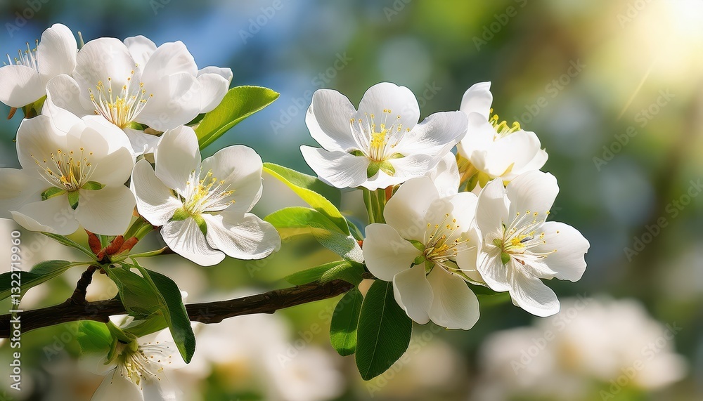 White Blossoms in Bloom Amidst Fruit Trees, Springtime Tranquility Echoes through Natures Vibrant Canvas, Exuding Serene Beauty and Abundance. White Blossoms in Bloom Amidst Fruit Trees, Springtime Tranquility Echoes through Natures Vibrant Canvas, Exuding Serene Beauty and Abundance.