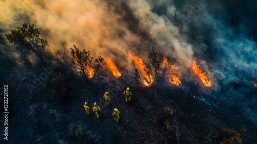 Drone shot of firemen controlling a wild fire  - ai