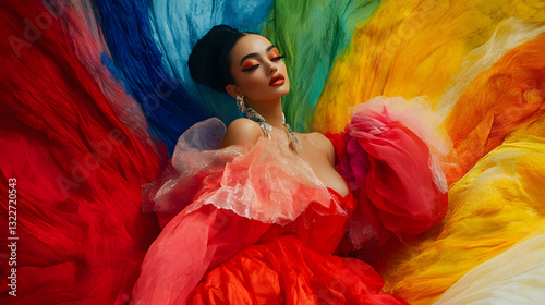 woman vibrant, colorful dress poses dramatically, surrounded by flowing fabric bold hues. Her makeup is striking, with vivid eye shadow and red lipstick, complementing artistic and high fashion