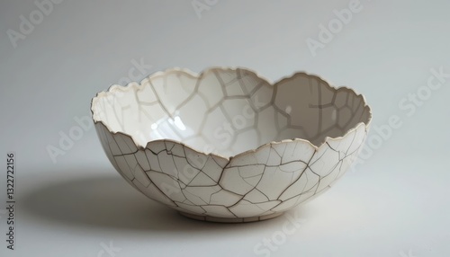 Decorative ceramic bowl with cracked glaze on neutral seamless backdrop