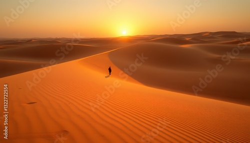 Lone Traveler Walking Through the Majestic Desert Dunes Towards the Warm Sunset