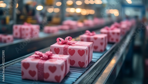 Pink presents with hearts are moving on a conveyor belt photo