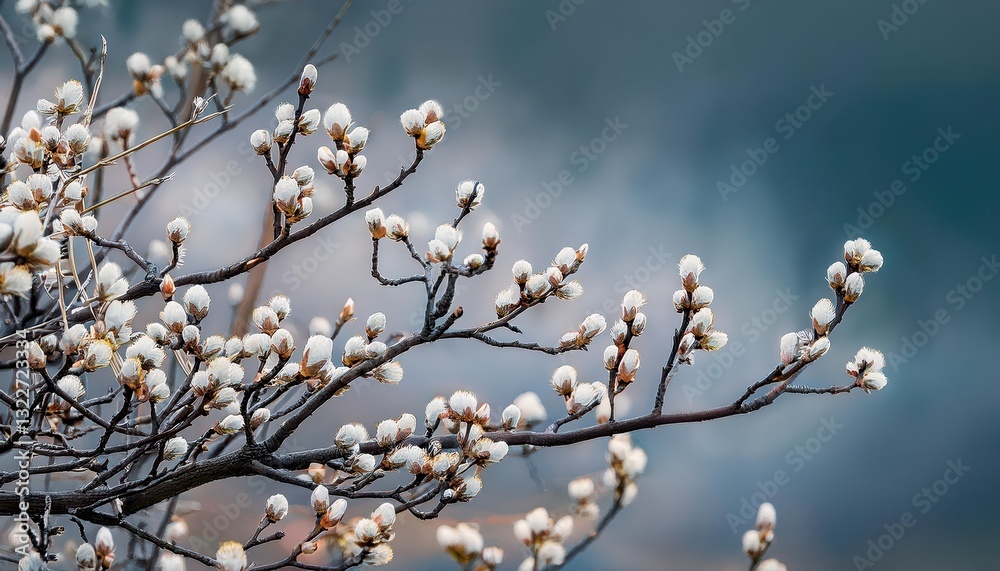 White Spring Buds Emerging on Winter Branches Delicate Blossoms Emerge Amidst Bare Trees in a Serene Winter Landscape, Evoking a Sense of Hope and Renewal.