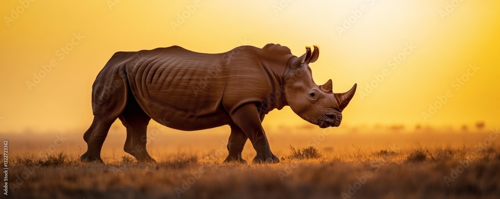 Fototapeta premium An African rhinoceros walks across a grassy plain during the golden hour