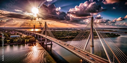 Charleston Aerial View, Ravenel Bridge 4K Landscape Photography, South Carolina Scenic Drone Shot
