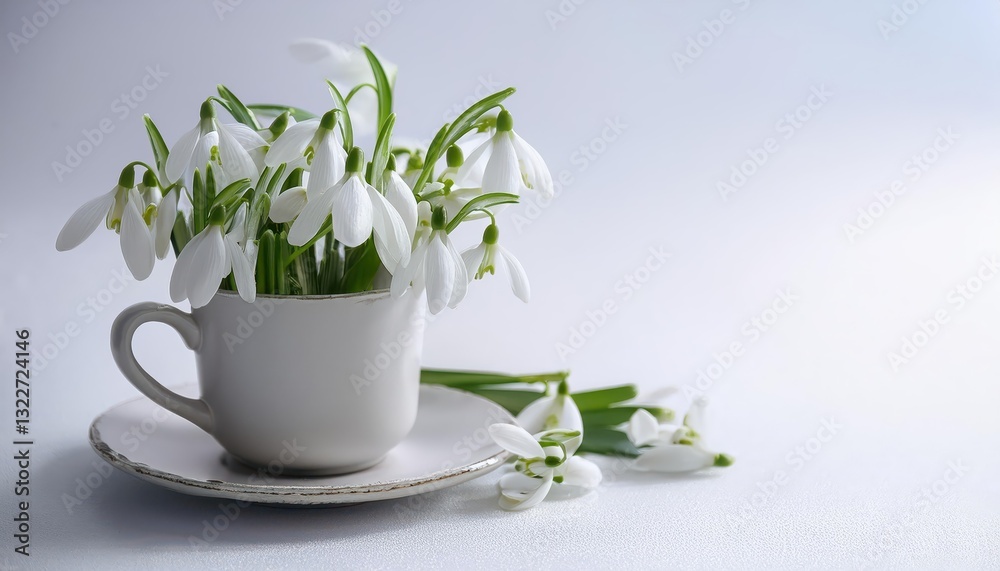 Pure White Spring Snowdrops Arranged in a Cup Against a Crisp White Background, Capturing the Delicate Beauty and Freshness of Early Spring. Pure White Spring Snowdrops Arranged in a Cup Against a Crisp White Background, Capturing the Delicate Beauty and Freshness of Early Spring.