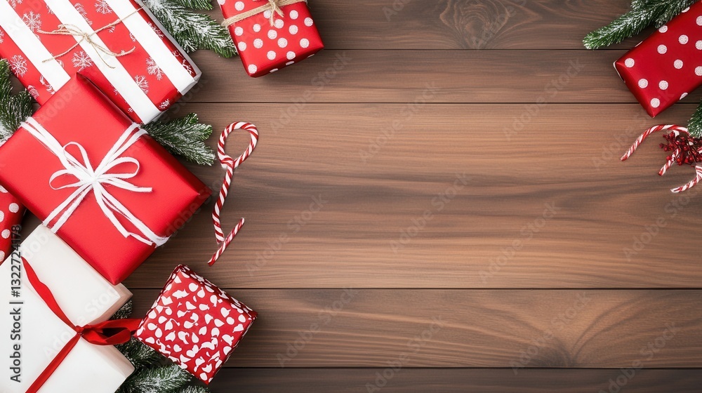 Obraz premium Festive Arrangement of Red and White Christmas Gifts with Candy Canes on Wooden Background