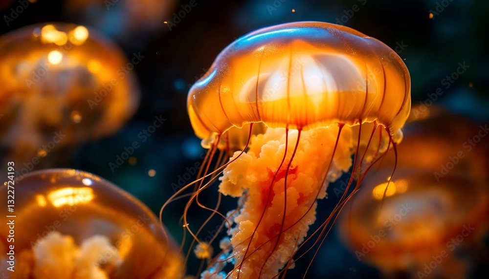 Obraz premium Glowing Jellyfish Swimming Underwater with Tentacles in Aquarium Setting