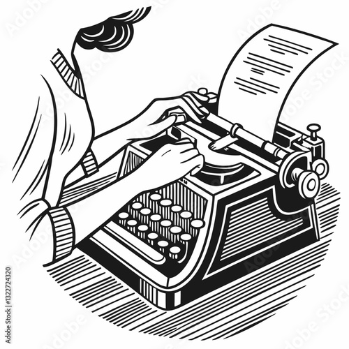 Hands of woman tears a sheet of paper from a retro typewriter. Drawing in vintage black and white engraving style. Vector illustration