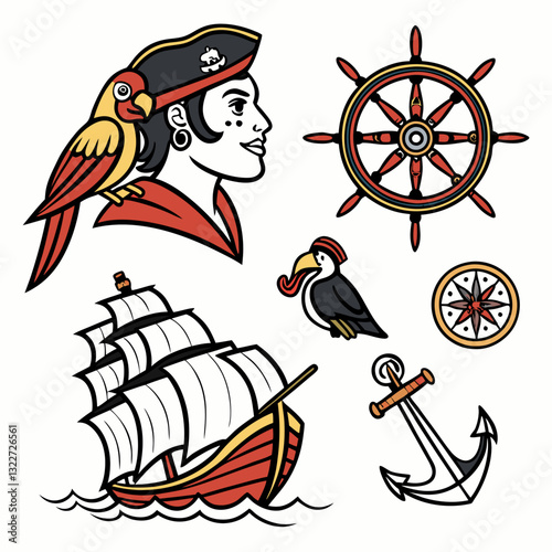 Pirates. Old school tattoo vector collection. Sea adventure. Traditional tattooing style. Captain, parrot, ship in storm, girl filibuster, compass, anchor, rum, treasure island, swallows