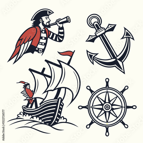 Pirates. Old school tattoo vector collection. Sea adventure. Traditional tattooing style. Captain, parrot, ship in storm, girl filibuster, compass, anchor, rum, treasure island, swallows