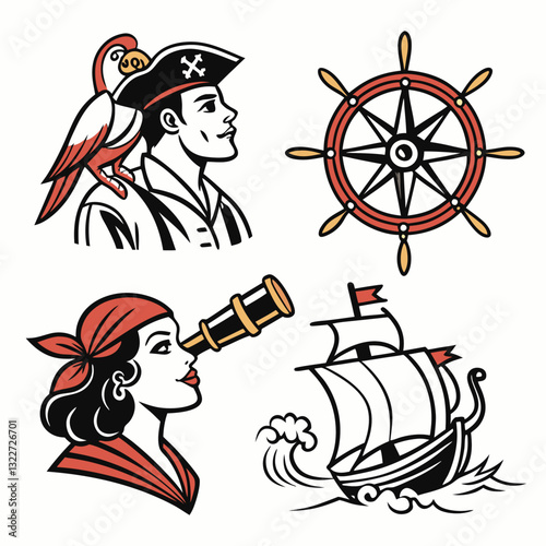 Pirates. Old school tattoo vector collection. Sea adventure. Traditional tattooing style. Captain, parrot, ship in storm, girl filibuster, compass, anchor, rum, treasure island, swallows
